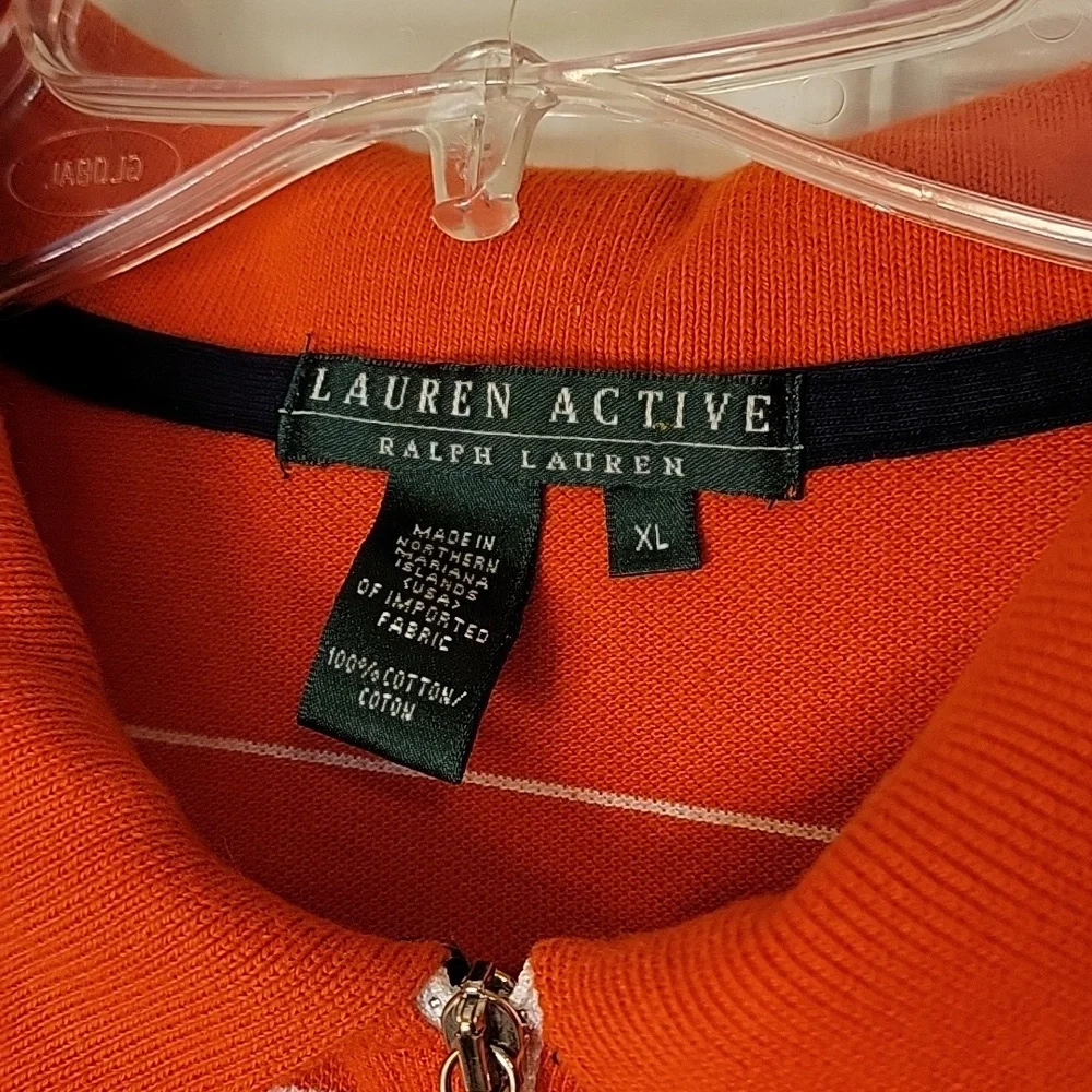 Lauren Active Polo XL Short Sleeve Orange White Stripe Zip Up